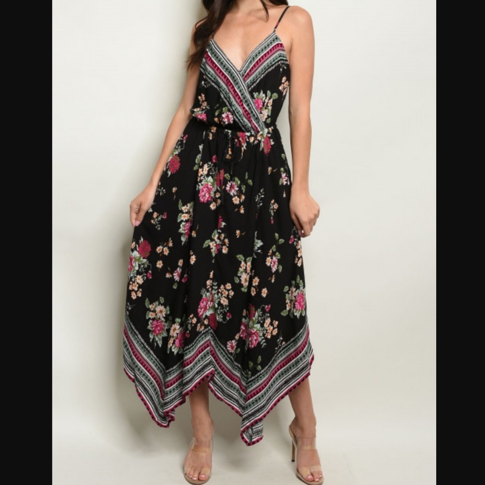 ALIKI Maxi Dress Sleeveless Deep V-Neck Floral Print Handkerchief Hem S & L NWT